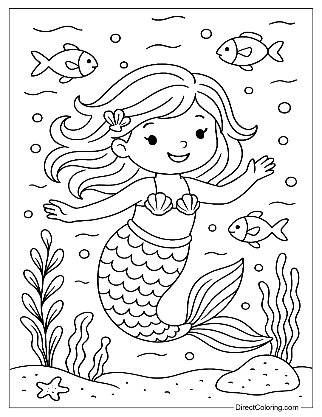 coloring page Mermaid swimming with fish and seaweed under the ocean